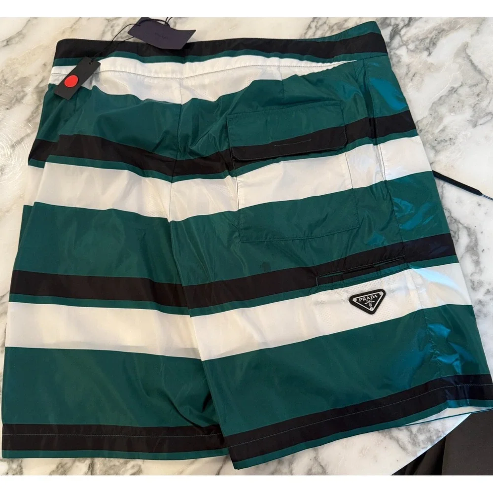 PRADA UB334 Men's Strip‎ Boxer Baiadera Nylon Green Swim Suit Sz. 46- 32